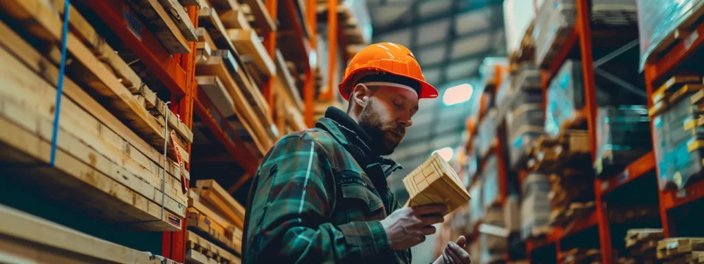 a builder carefully examining a stack of vibrant, labeled timber at a lumberyard, showcasing various trusted certification labels for sustainable forestry practices.