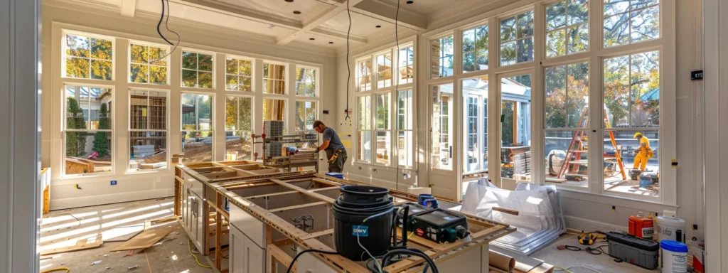 a bustling kitchen renovation site in raleigh, nc, with contractors meticulously working under bright, natural light streaming in through large windows.