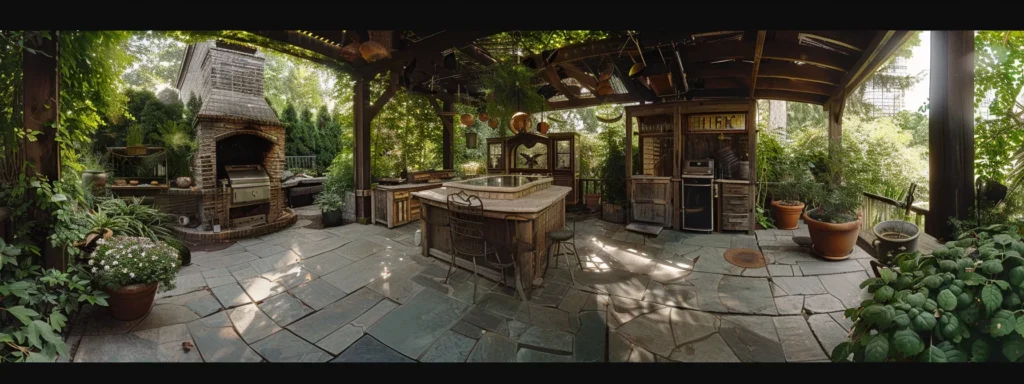 a cozy outdoor kitchen in raleigh with rustic wood elements, a built-in grill, and a fire pit surrounded by lush greenery.