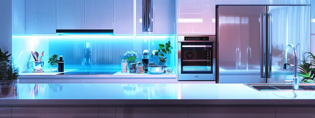 a futuristic kitchen featuring sleek smart appliances assisting a raleigh homeowner as they interact with a virtual cooking assistant, showcasing personalized cooking experiences enabled by artificial intelligence.