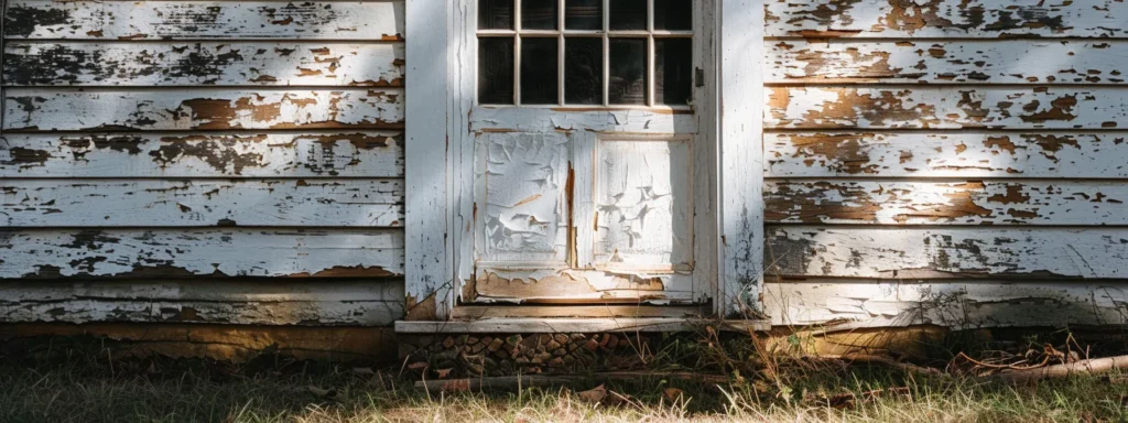 a glossy white exterior paint peeling off a house in raleigh, revealing the wood underneath, showcasing the effects of the climate on paint finishes.