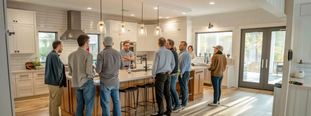 a group of local contractors and designers discussing remodel plans in a modern, spacious open concept kitchen in raleigh.