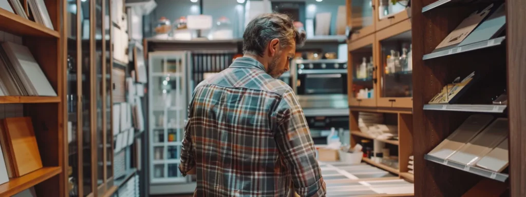 a homeowner carefully comparing prices of kitchen materials and design options at a home improvement store, surrounded by samples and display cabinets.