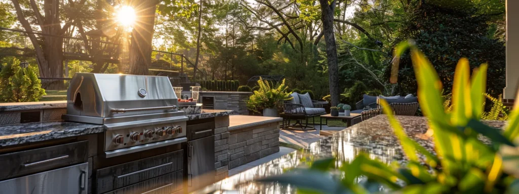 a luxurious outdoor kitchen in raleigh, complete with a sleek grill, granite countertops, and cozy seating, surrounded by lush greenery and bathed in warm sunlight.