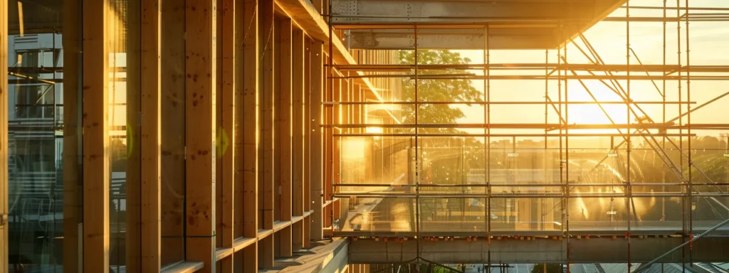 a modern construction site featuring a sleek, eco-friendly building made from reclaimed lumber and sustainable plastics, showcasing advancements in material science for sustainable construction.