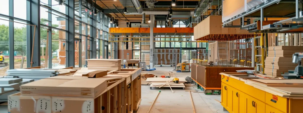 a modern construction site featuring eco-friendly recycled building materials like kitchen cabinets and lighting fixtures, showcasing sustainability and cost-effective solutions.