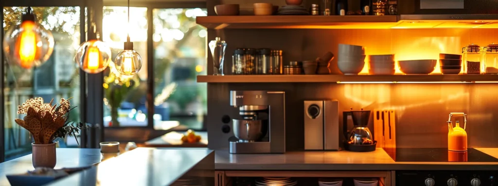 a modern, eco-friendly kitchen with sleek, energy-efficient appliances under warm, inviting lighting.