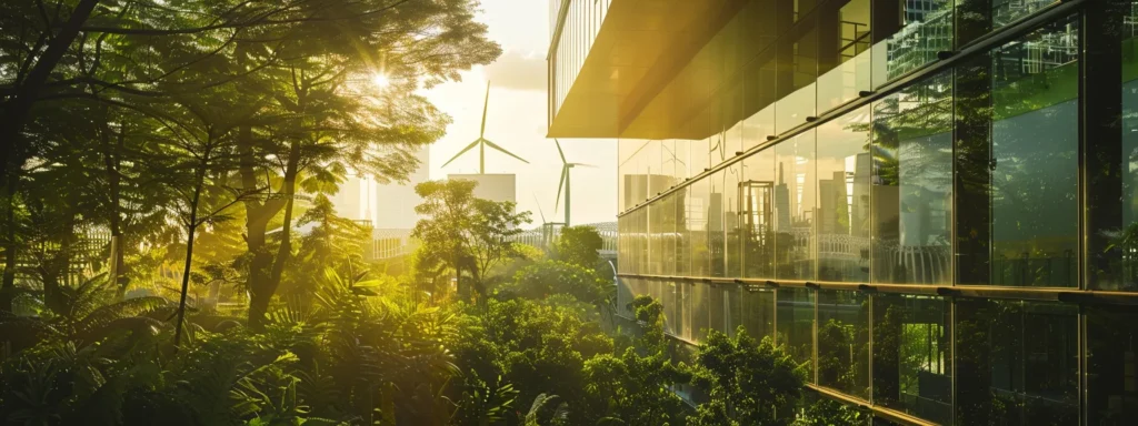 a modern, eco-friendly building with large windows capturing natural light, surrounded by lush greenery and wind turbines in the background.