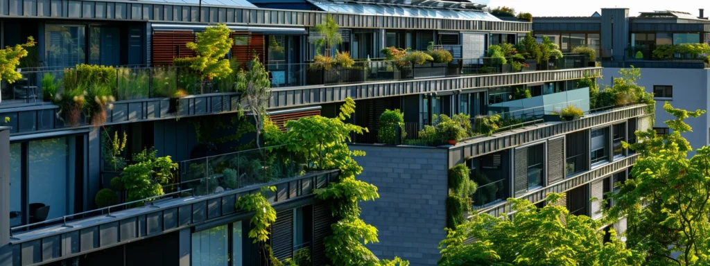 a modern eco-friendly residential development with sustainable features like solar panels and green rooftops, showcasing innovative design and environmental responsibility.