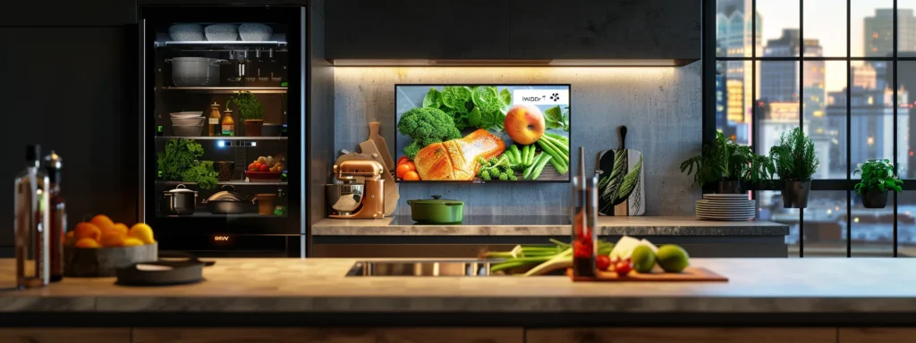 a modern kitchen equipped with sleek, futuristic appliances showcases an augmented reality recipe display, merging technology seamlessly with culinary creativity in raleigh.