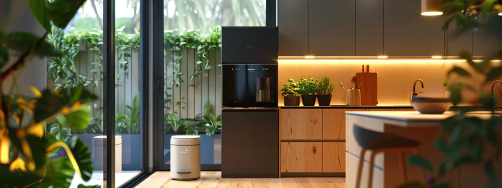 a modern kitchen glowing with energy-efficient appliances under a sleek led lighting, surrounded by leafy plants and a recycling bin, showcasing the benefits of sustainable upgrades for homeowners in raleigh.