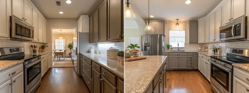 a modern kitchen in raleigh featuring neutral tones with bold accents and two-tone cabinets, accented with natural elements for a stylish and inviting atmosphere.