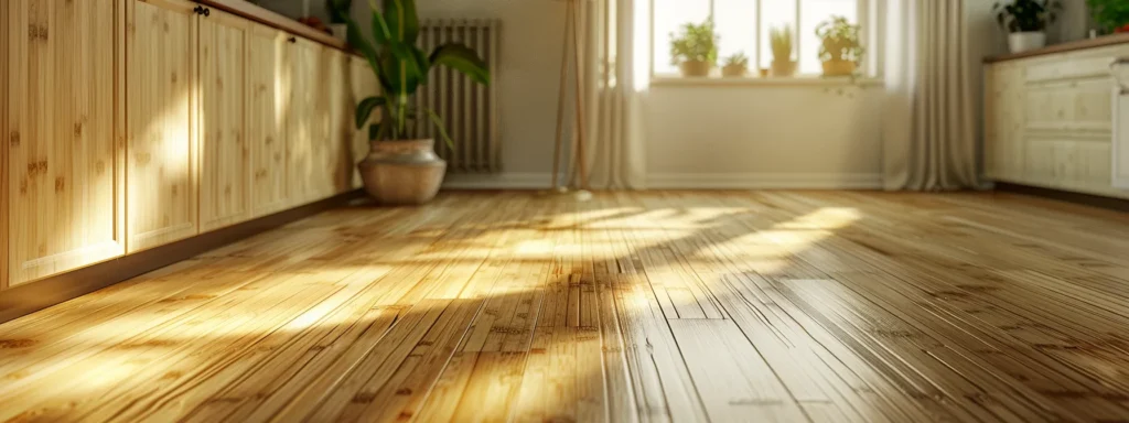 a modern kitchen with sleek bamboo flooring and recycled tile accents, highlighting sustainable choices for remodeling.