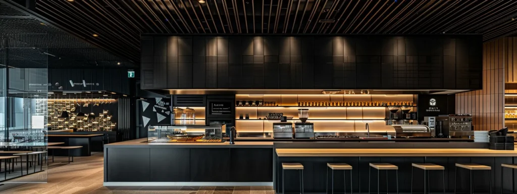 a modern kitchen with sleek black accent walls contrasting with light countertops, showcasing stylish and durable design choices.