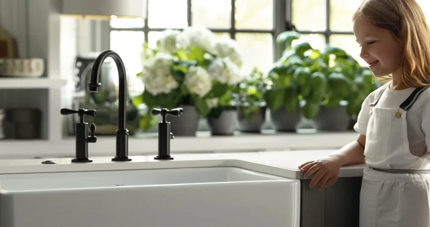 a modern, spacious kitchen featuring a sleek white farmhouse sink as the focal point.