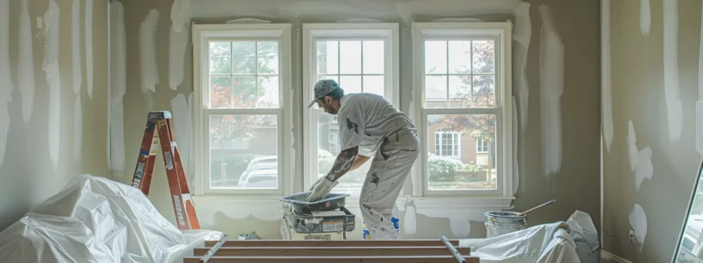 a painter carefully covering furniture, taping edges, and ensuring proper ventilation in a well-prepared raleigh home interior.