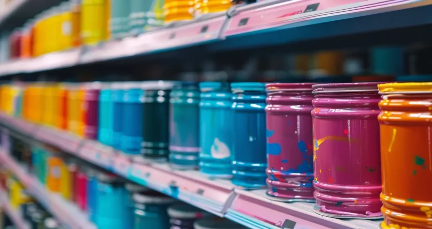 a painter carefully selecting vibrant, non-toxic paints from a row of colorful cans at a local hardware store in raleigh.