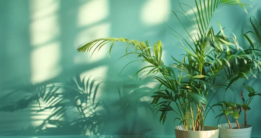 a room painted in calming shades of green and blue, with potted plants adorning the space, showcasing eco-friendly interior paint options in raleigh nc.