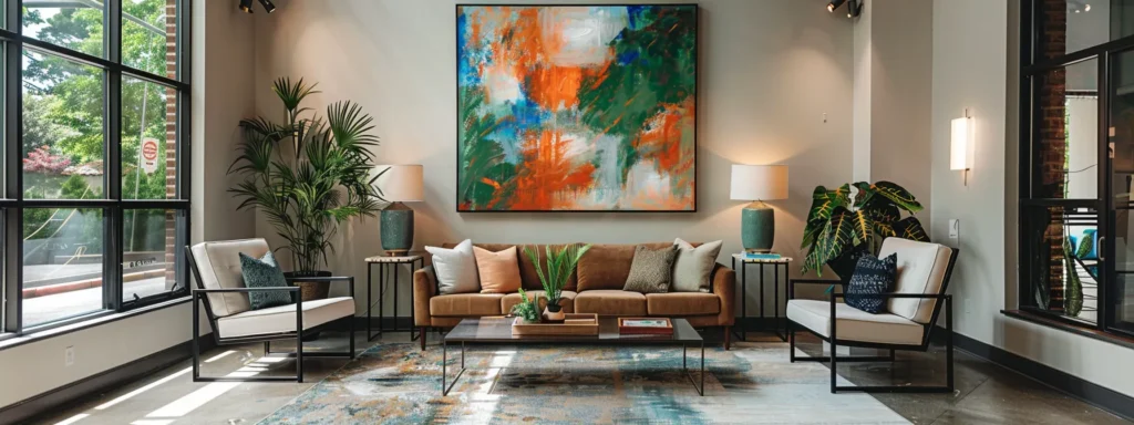 a room with warm neutral walls accented by bold local art, complemented by nature-inspired greens and blues, creating a refreshing and inviting atmosphere in raleigh, nc for 2023.