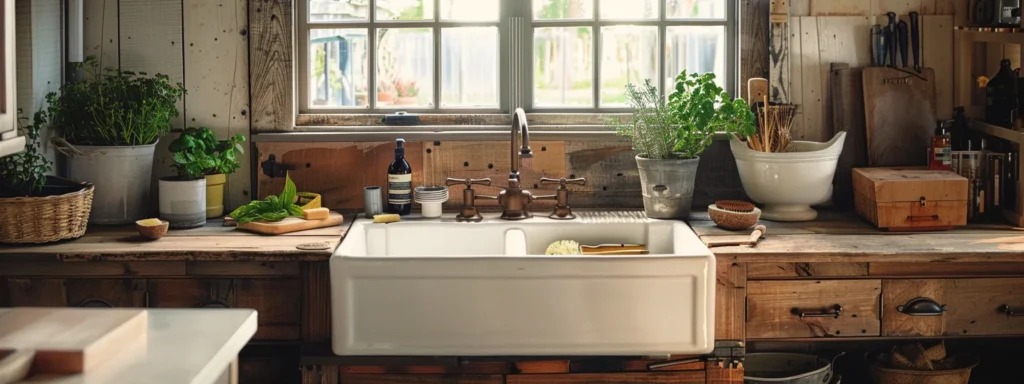 a rustic farmhouse sink in raleigh surrounded by kitchen decor, showcasing durability and style for a timeless kitchen design.