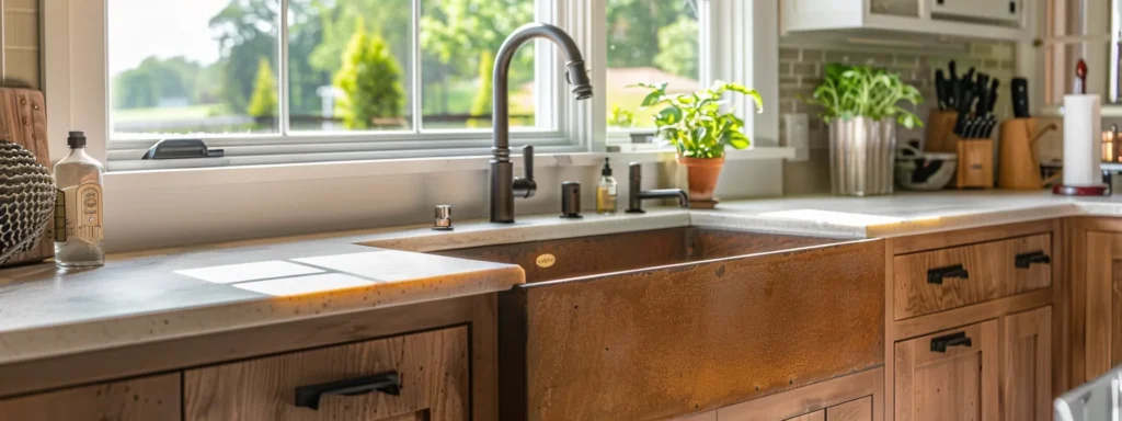 a rustic farmhouse sink with a spacious basin in a modern raleigh kitchen, showcasing its durable and versatile features.