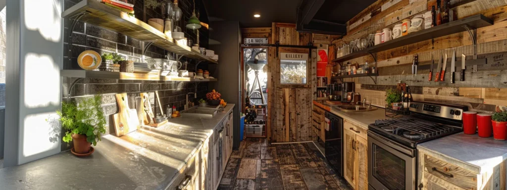 a rustic kitchen featuring reclaimed wood cabinets, adorned with low-voc painted finishes and eco-friendly hardware, creating a sustainable and stylish cooking space in raleigh.