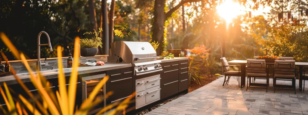 a skilled contractor in raleigh meticulously crafting a stunning outdoor kitchen with sleek modern appliances under the warm carolina sun.