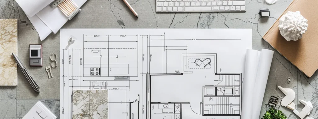 a sleek, modern kitchen design blueprint laid out on a spacious countertop, with swatches of elegant materials and architectural plans neatly arranged alongside a budgeting spreadsheet.