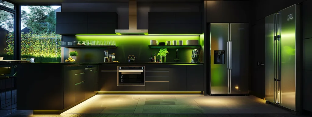 a sleek, modern kitchen filled with energy-efficient appliances such as a stainless steel refrigerator, a sustainable oven, and a water-saving dishwasher, all emitting a green glow of eco-friendliness.