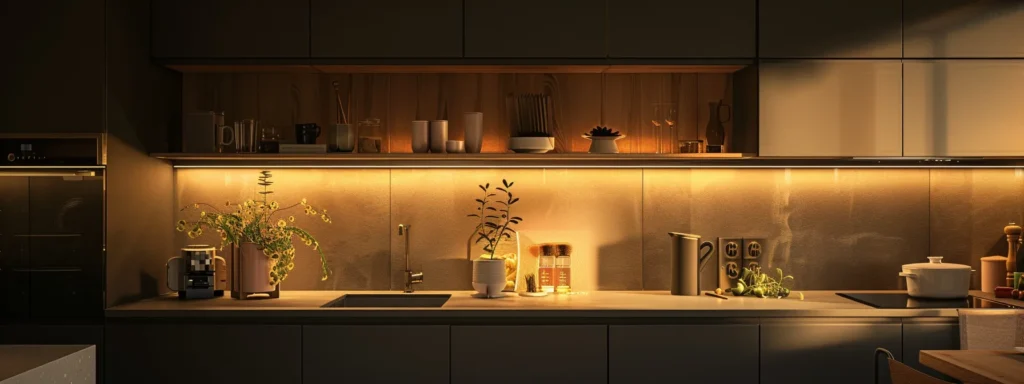 a sleek, modern kitchen illuminated by customizable smart lighting, casting a warm and inviting glow.