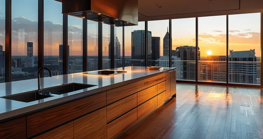 a sleek, modern kitchen island with built-in innovative features set against the backdrop of a bustling urban raleigh skyline.