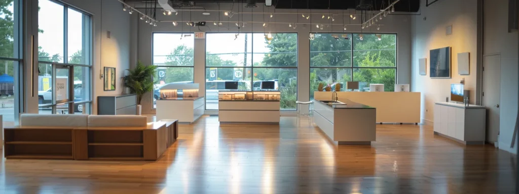 a sleek, modern kitchen showroom in raleigh displaying a variety of high-quality, minimalist cabinets.