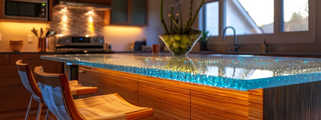 a sleek, modern kitchen with recycled glass countertops, rustic reclaimed wood surfaces, and vibrant bamboo accents, showcasing various sustainable countertop materials in raleigh.