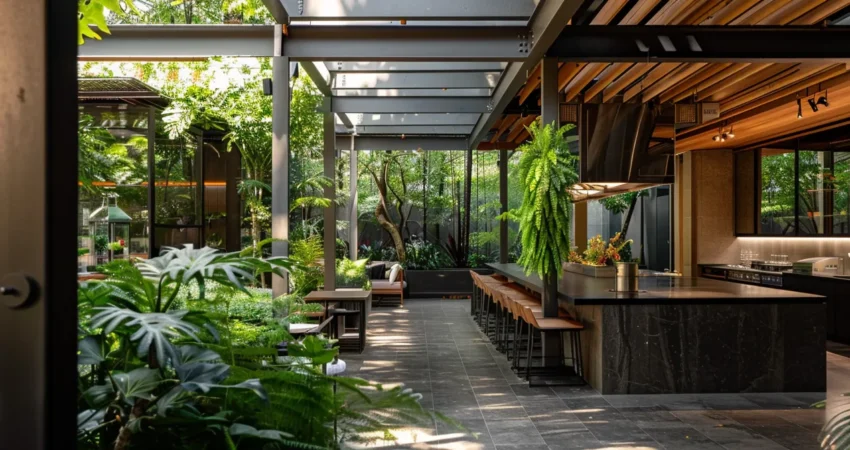 a sleek, modern outdoor kitchen under a pergola, surrounded by lush greenery, with a cozy seating area nearby.