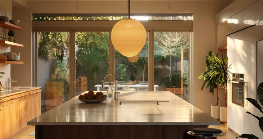 a sleek pendant light illuminates a stylish, contemporary kitchen in a raleigh home.