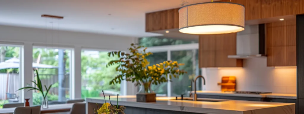 a sleek, stylish pendant light illuminates a modern kitchen in raleigh, casting a warm and inviting glow over the sleek countertops and minimalist decor.