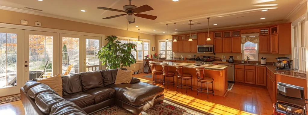 a spacious, airy kitchen in a raleigh home seamlessly connecting to a cozy living area, showcasing modern design elements and inviting ambiance.