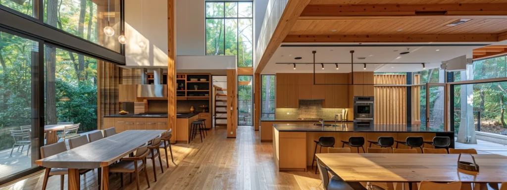 a spacious open concept kitchen with sleek design elements seamlessly blending storage, organization, and privacy, creating a functional and inviting environment for modern families in raleigh.