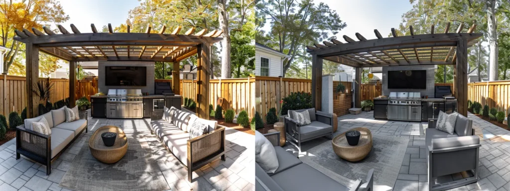 a stylish outdoor kitchen in raleigh with sleek stainless steel appliances, cozy seating, a pergola for weather protection, and a subtle entertainment system, all blending seamlessly into a charming backyard setting.