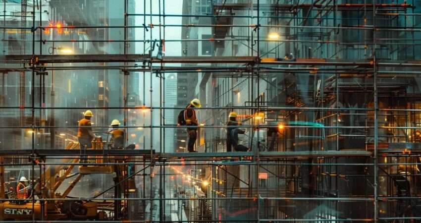 a team of skilled raleigh contractors working on a construction site, surrounded by scaffolding and tools.