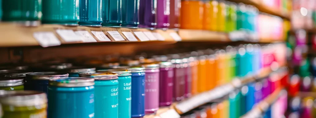 a vibrant array of eco-friendly paint cans in a raleigh store, showcasing top voc-free brands for health-conscious homeowners.