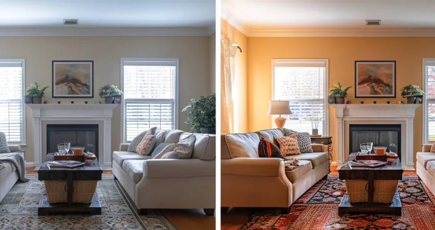 a vibrant, elegant living room with expertly chosen colors enhancing the space's beauty during a raleigh color consultation.