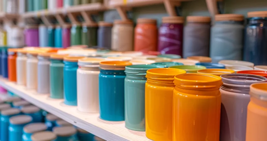 a vibrant selection of eco-friendly interior paints displayed in a chic raleigh nc home showroom.