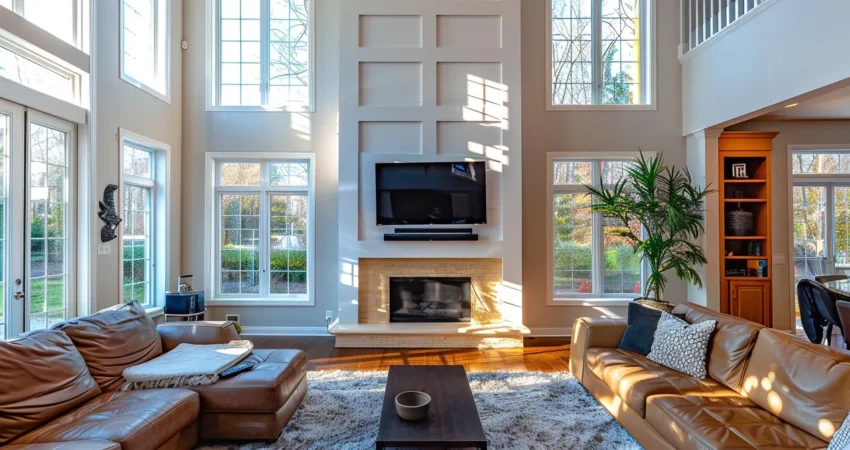 an elegant living room with walls painted in a glossy finish, reflecting the natural light streaming in through the windows.