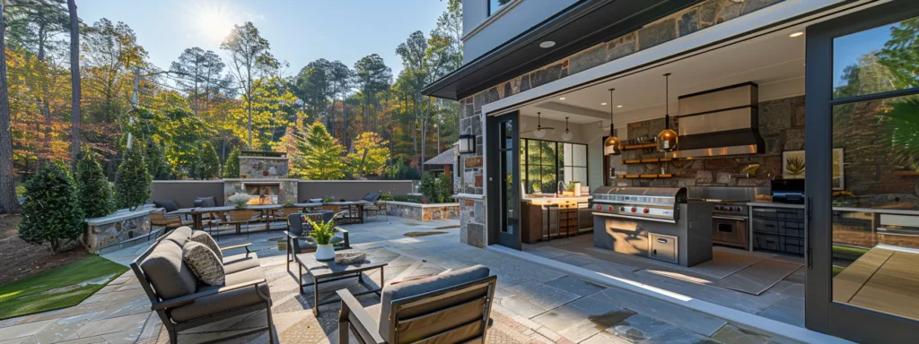 create a captivating image of a sleek outdoor kitchen in raleigh, featuring durable stone countertops, weather-resistant cabinetry, and eco-friendly building materials.