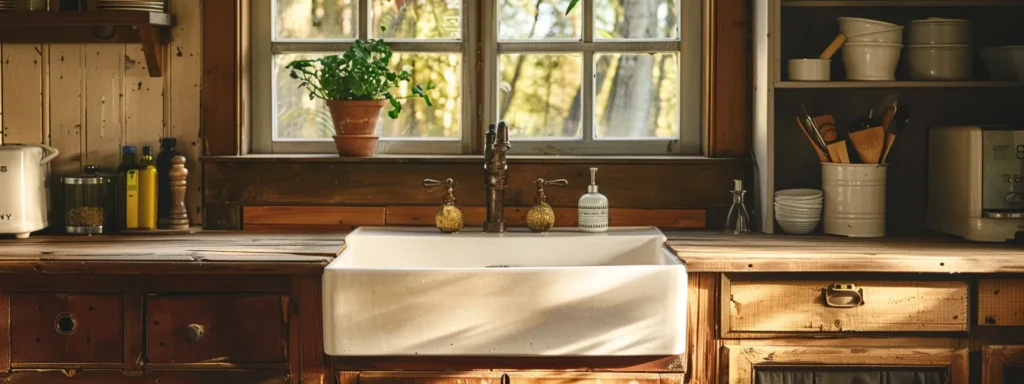 in a cozy raleigh kitchen, a charming farmhouse sink stands out against a backdrop of rustic wooden cabinets and vintage decor.