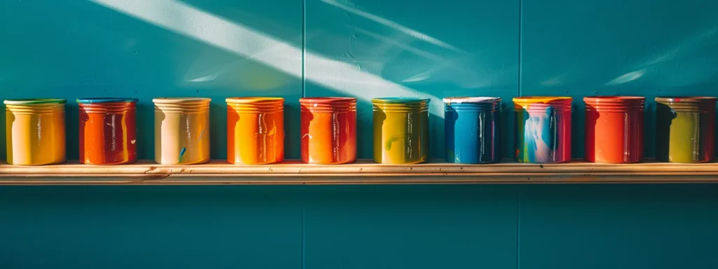 vibrant acrylic paint cans lined up on a shelf, showcasing durability for raleigh homes.