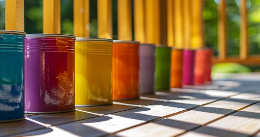 vibrant paint cans lined up on a sunny porch, ready for custom color mixing for raleigh homes.