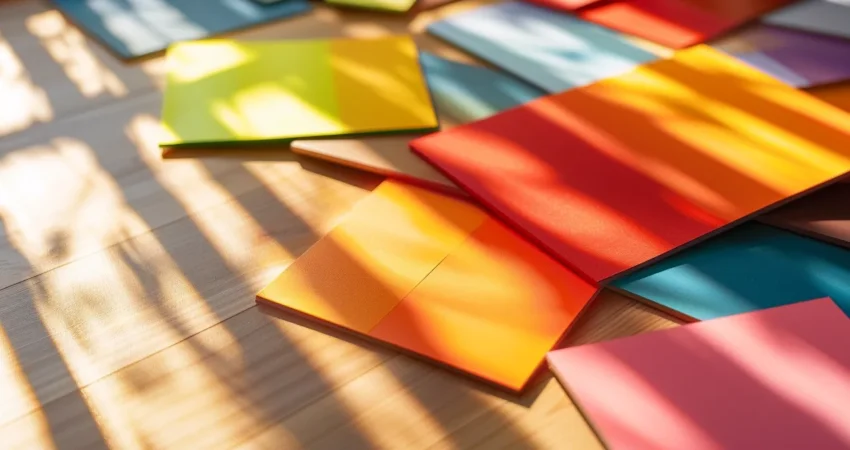 vibrant paint swatches scattered across a sunlit room, highlighting the impact of a raleigh color consultation on home beauty.