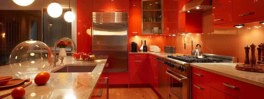 vibrant red cabinets and warm lighting create a cozy, inviting atmosphere in a modern raleigh kitchen.